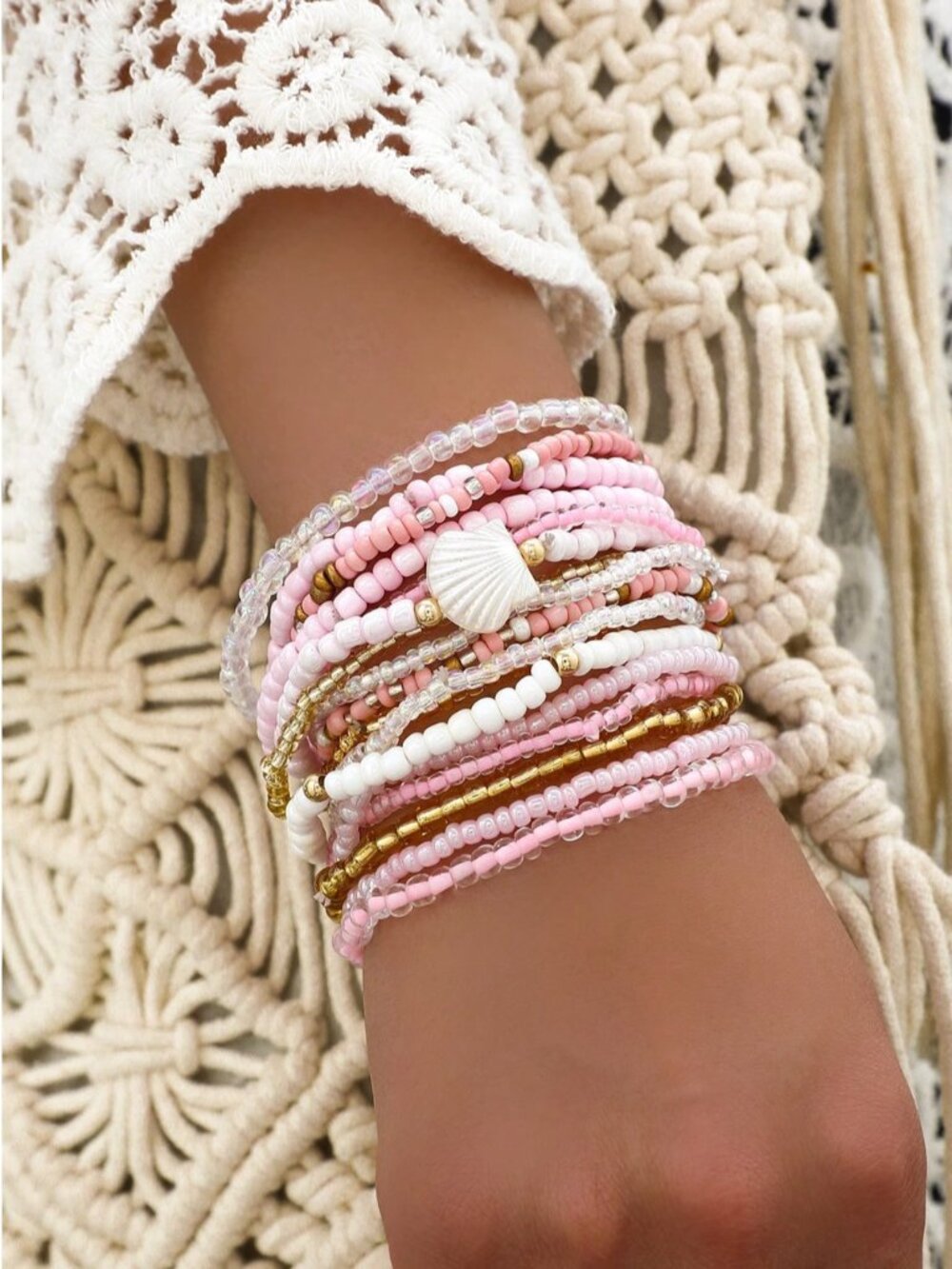 Boho Pink Seed Bead & Shell Bracelet Set | Stackable Stretch 14 Bracelets | New